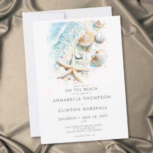 Coastal On Beach Modern Shells Watercolor Wedding Invitation