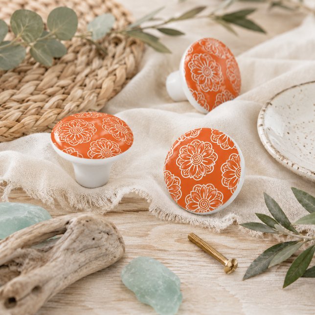 Coastal Orange Floral Ceramic Drawer Pull  (Creator Uploaded)