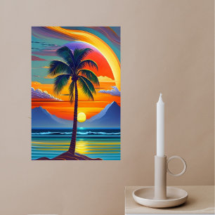 Coastal Orange Sunset Palm Illustration  Poster