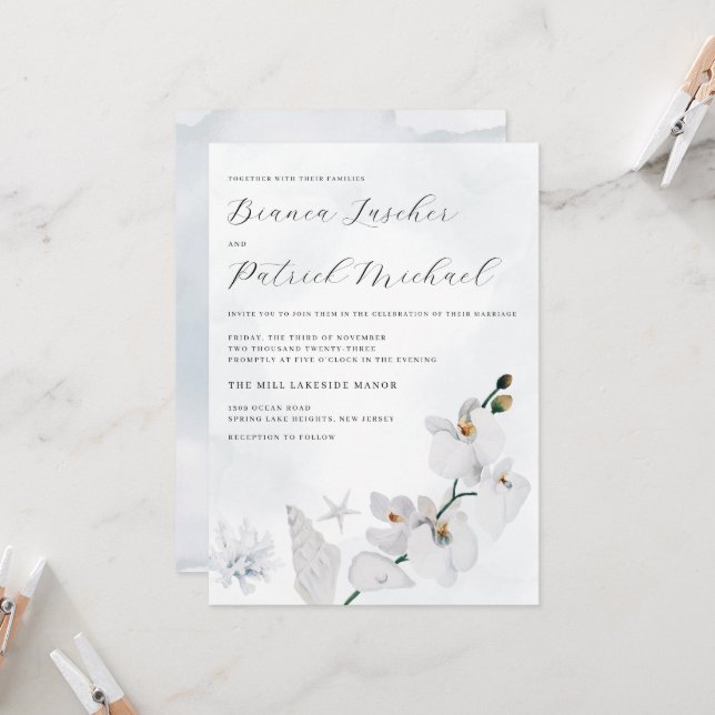 Coastal Orchid Elegant Beach Wedding Invitation (Front/Back In Situ)