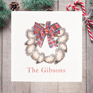 Coastal Oyster Wreath Plaid Bow Personalised Napkin