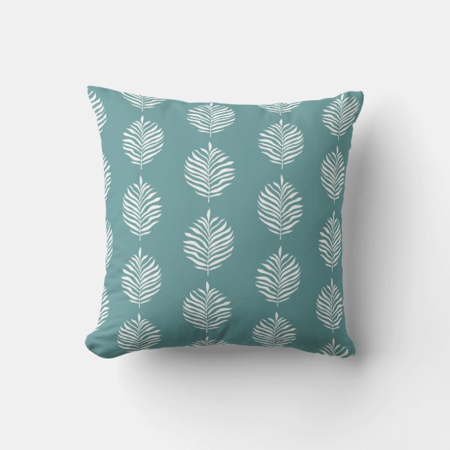 Coastal Palm Leaf Pattern Dusty Turquoise Cushion (Front)