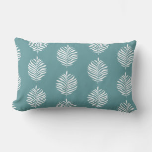 Coastal Palm Leaf Pattern Dusty Turquoise Lumbar Cushion