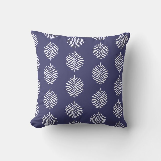 Coastal Palm Leaf Pattern Navy Blue Cushion (Front)
