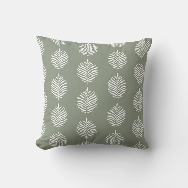 Coastal Palm Leaf Pattern Sage Green Cushion (Front)