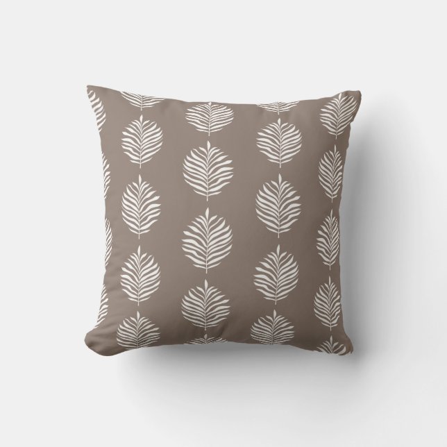 Coastal Palm Leaf Pattern Taupe Grey Cushion (Front)