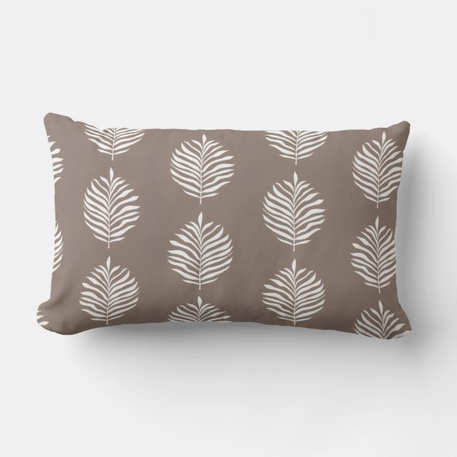 Coastal Palm Leaf Pattern Taupe Grey Lumbar Cushion (Front)