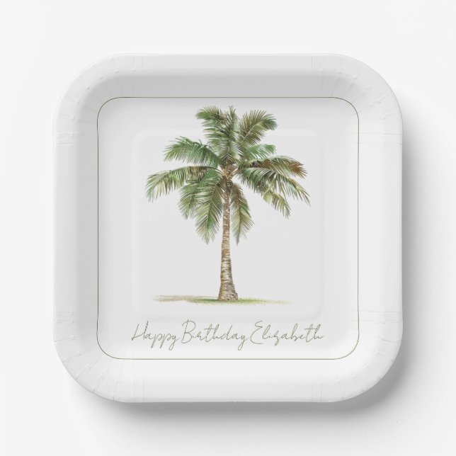 Coastal Palm Tree Personalised Party Paper Plate (Front)