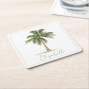 Coastal Palm Tree Personalised Party Square Paper Coaster