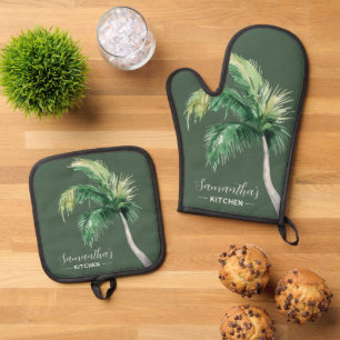 Coastal Palm Tree Watecolor Script Personalised Oven Mitt & Pot Holder Set