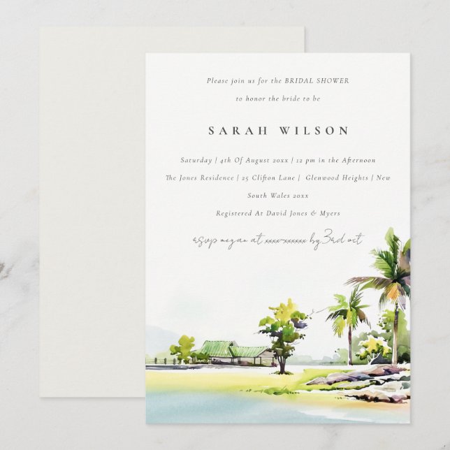Coastal Palm Tree Watercolor Bridal Shower Invite (Front/Back)