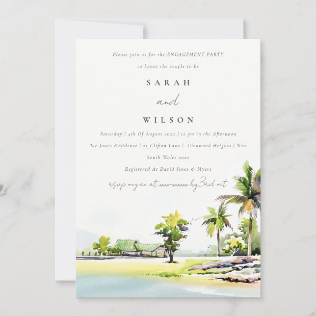 Coastal Palm Tree Watercolor Engagement Invite (Front)