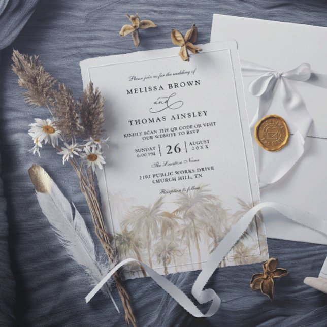 Coastal Palm Trees Beach Modern QR Code Wedding Invitation (Creator Uploaded)