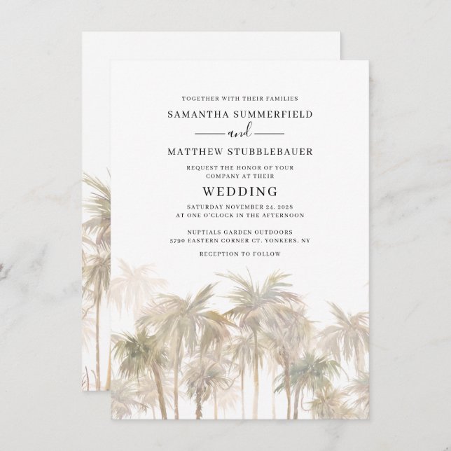 Coastal Palm Trees Modern Watercolor Wedding Invitation (Front/Back)