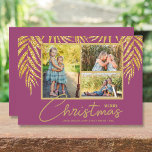 Coastal Palms Photo Collage Christmas Holiday Card<br><div class="desc">Three photos accented with faux gold glitter palm fronds on a raspberry pink background (see more colours in our store), these holiday Christmas photo cards have "It's A Wonderful Life", or any greeting you choose, and your names on the bottom in chic lettering. Select Matte for heaviest paper and High...</div>