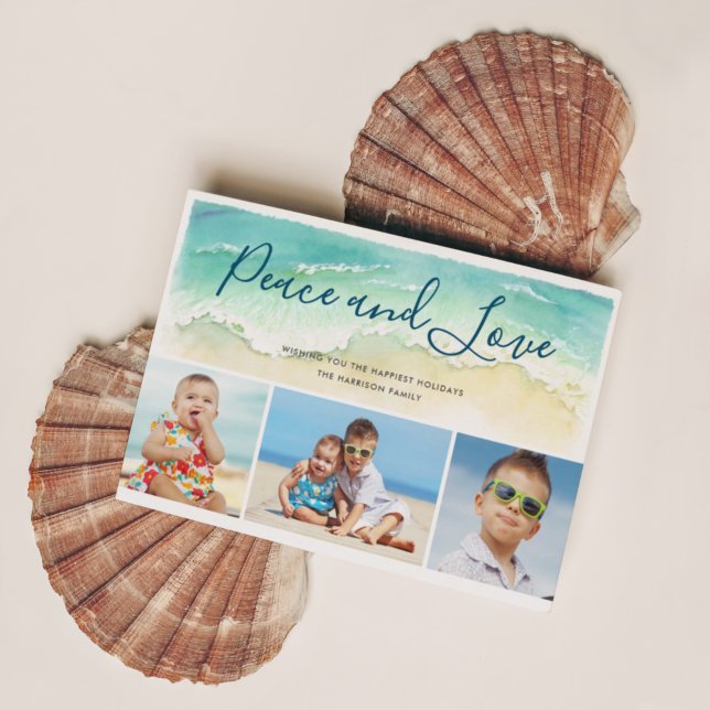 Coastal Peace & Love Three Photos Nautical Holiday Card (Creator Uploaded)