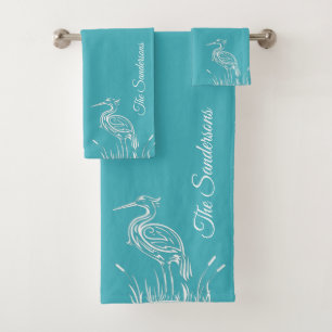 Coastal Personalise White Heron  Aqua Teal Blue Bath Towel Set