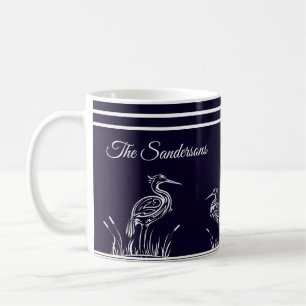 Coastal Personalised White Herons Birds Navy Blue  Coffee Mug