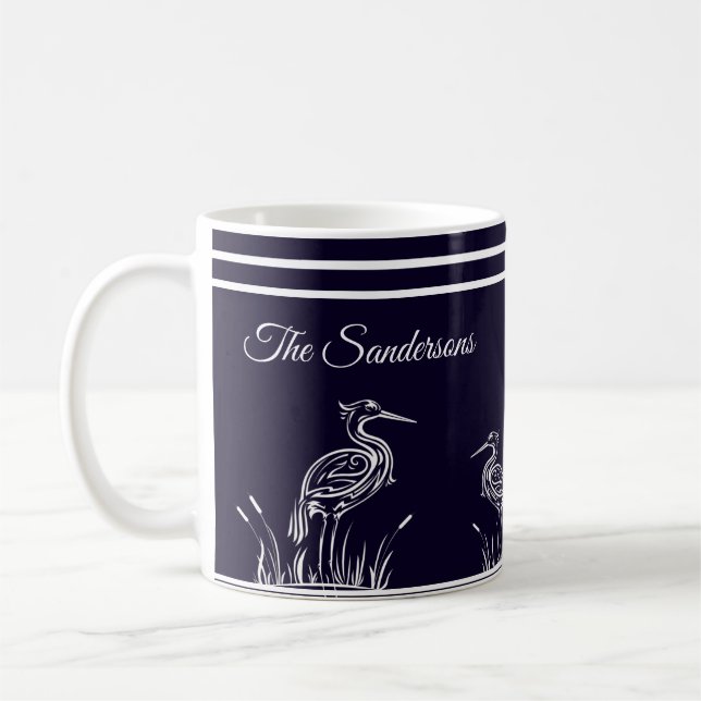 Coastal Personalised White Herons Birds Navy Blue  Coffee Mug (Left)