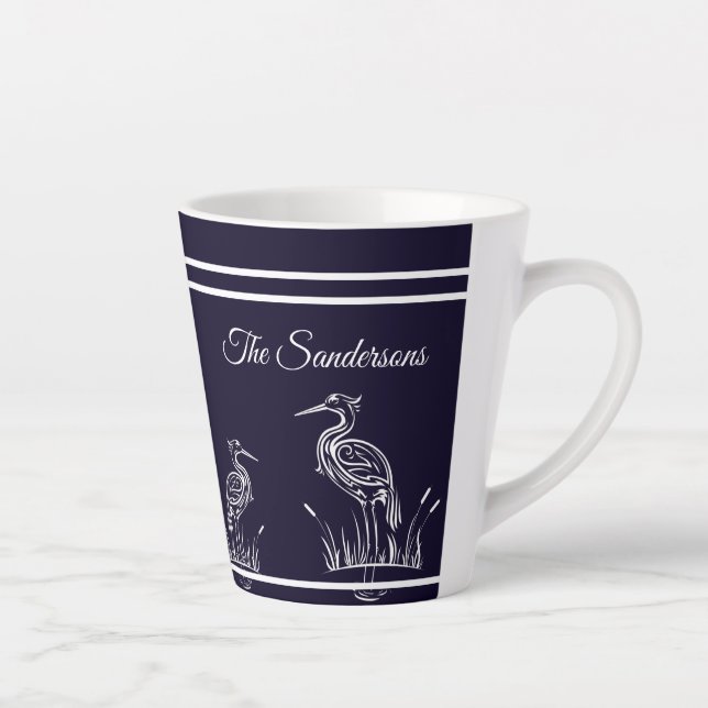 Coastal Personalised White Herons Birds Navy Blue Latte Mug (Right)