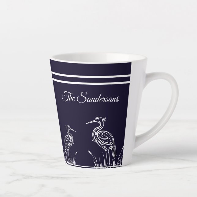 Coastal Personalised White Herons Birds Navy Blue  Latte Mug (Right)