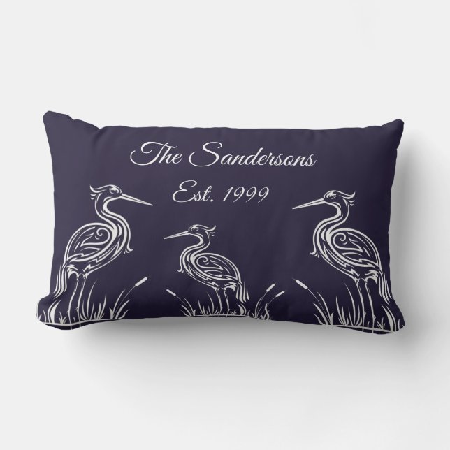 Coastal Personalised White Herons Birds Navy Blue  Lumbar Cushion (Front)