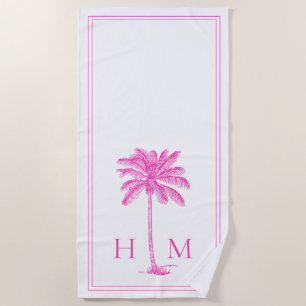Coastal Pink and White Palmetto Palm Tree Monogram Beach Towel