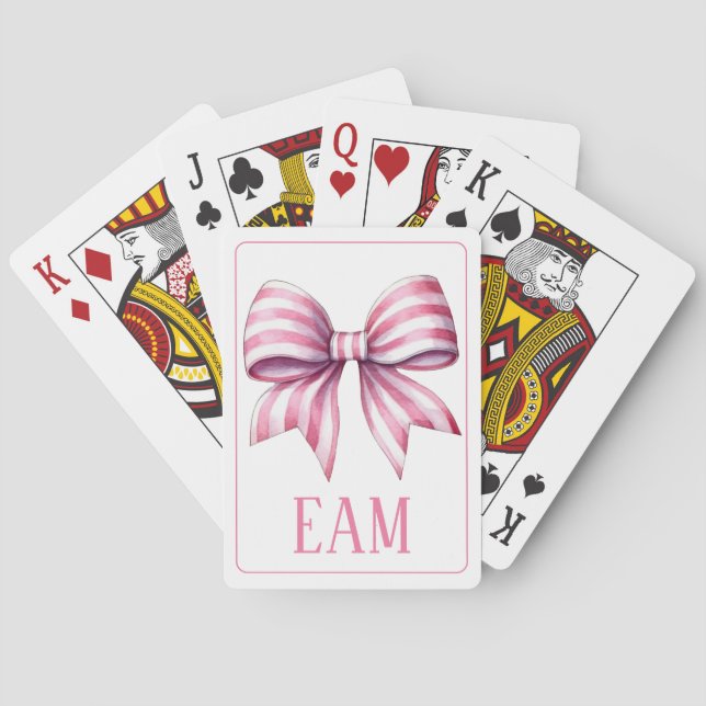 Coastal Pink and White Watercolor Bow Monogram Playing Cards (Back)