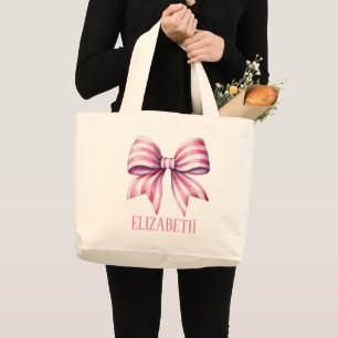 Coastal Pink and White Watercolor Bow Personalised Large Tote Bag