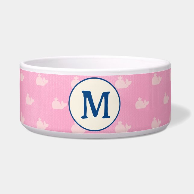 Coastal Pink and White Whale Monogrammed Dog Bowl (Front)