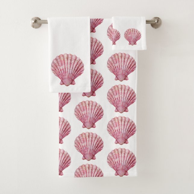Coastal Pink Seashell on White Bath Towel Set (Insitu)