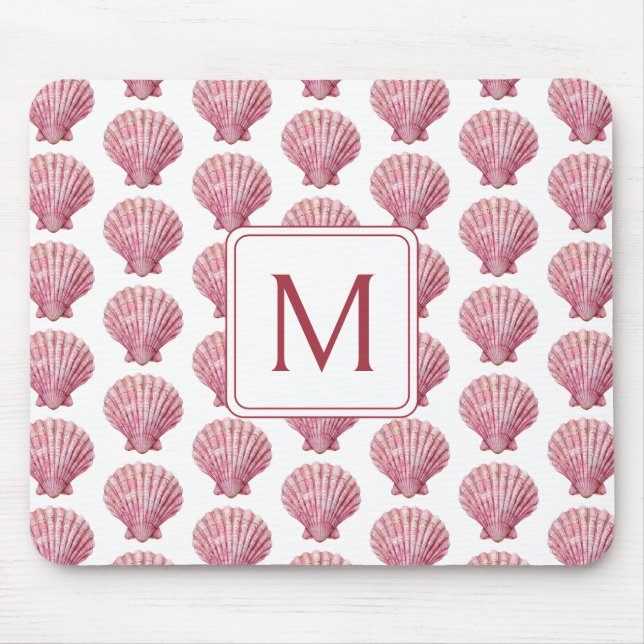 Coastal Pink Seashell on White Monogram Mouse Mat (Front)