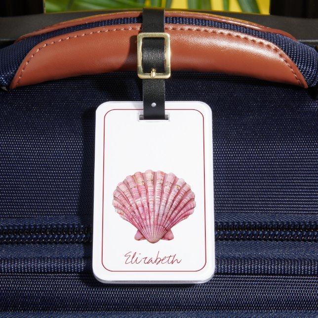 Coastal Pink Seashell on White Personalised Luggage Tag (Front Insitu 2)