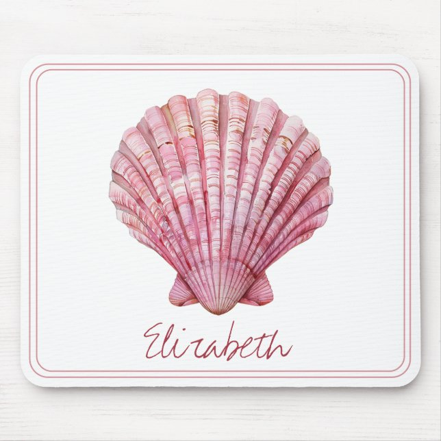 Coastal Pink Seashell on White Personalised Mouse Mat (Front)