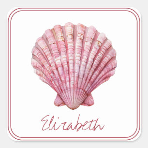 Coastal Pink Seashell on White Personalised Square Sticker