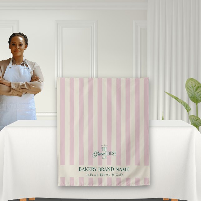 Coastal Pink Stripes Bakery Logo Table Runner Tapestry (Creator Uploaded)