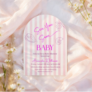 Coastal Pink Stripes Sea You Soon Girl Baby Shower Invitation