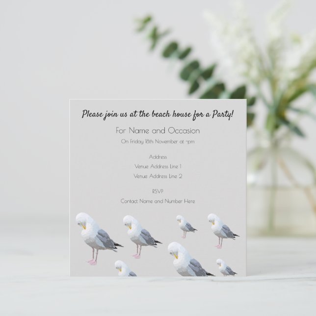 Coastal Preening Gull Grey Beach House Party Invitation (Standing Front)