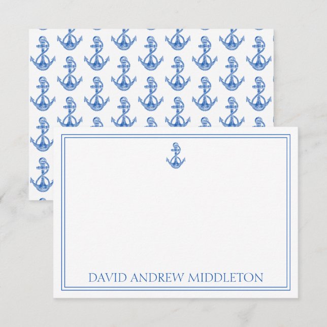 Coastal Preppy Blue and White Anchor Personalised Card (Front/Back)
