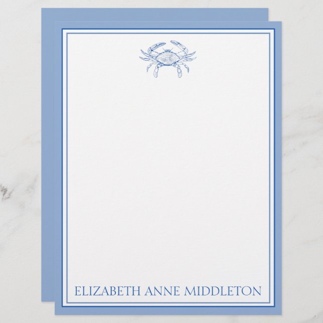 Coastal Preppy Blue and White Crab Personalised Custom Letterhead (Front/Back)