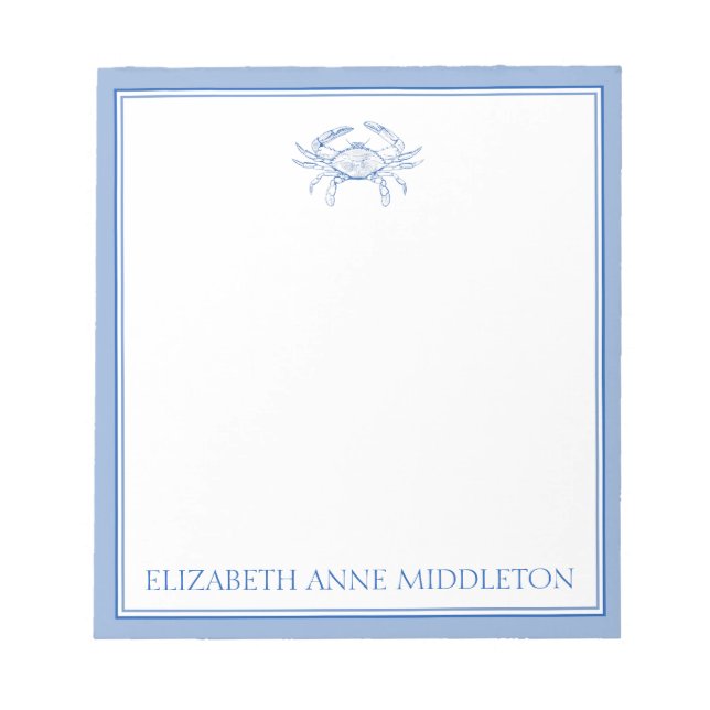 Coastal Preppy Blue and White Crab Personalised Notepad (Front)