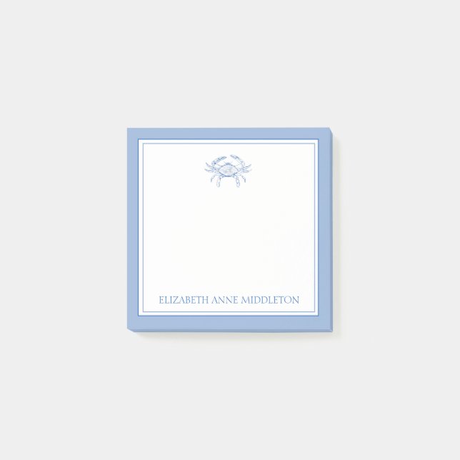 Coastal Preppy Blue and White Crab Personalised Post-it Notes (Front)