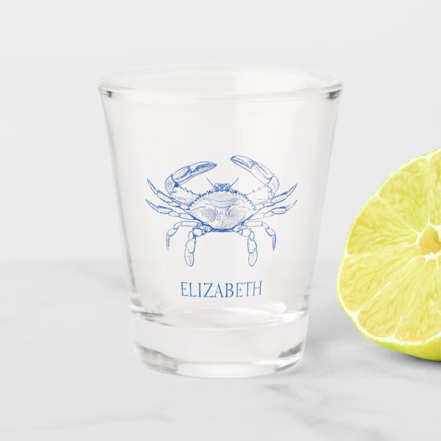 Coastal Preppy Blue and White Crab Personalised Shot Glass (Front)
