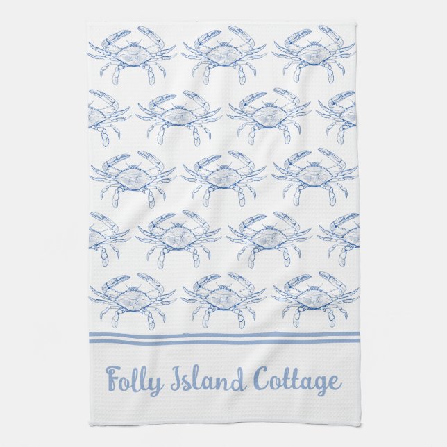 Coastal Preppy Blue and White Crab Personalised Tea Towel (Vertical)
