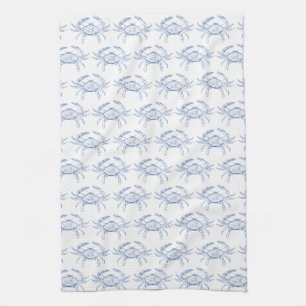 Coastal Preppy Blue and White Crabs Tea Towel