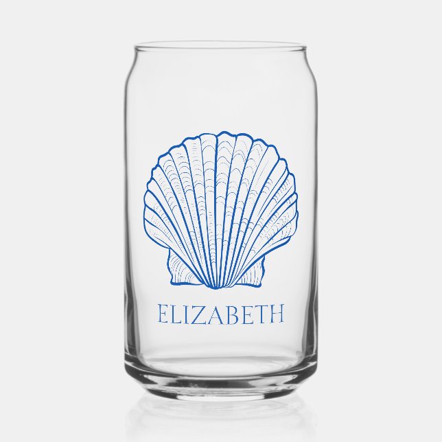 Coastal Preppy Blue and White Shells Personalised Can Glass (Front)