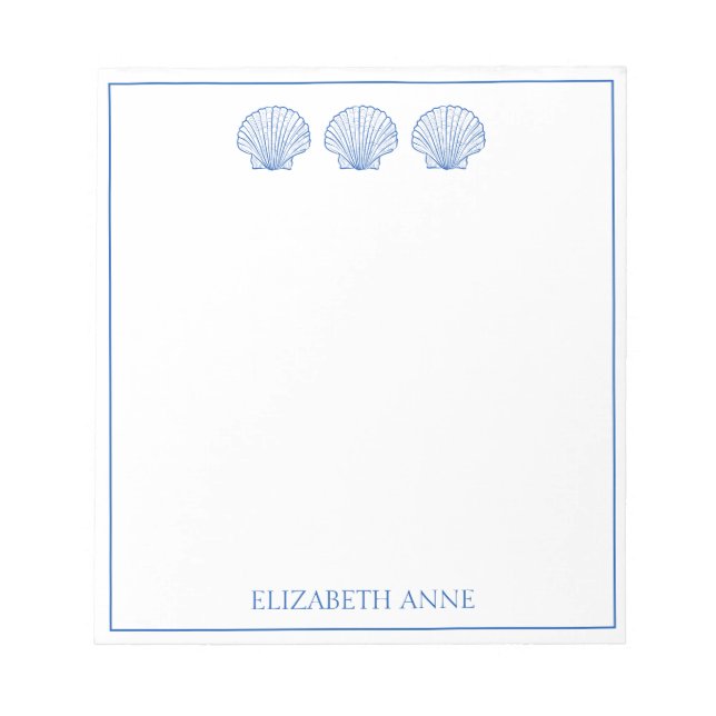 Coastal Preppy Blue and White Shells Personalised Notepad (Front)