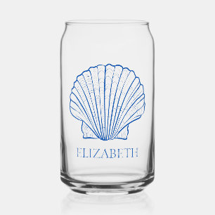 Coastal Preppy Blue and White Shells Personalized Can Glass