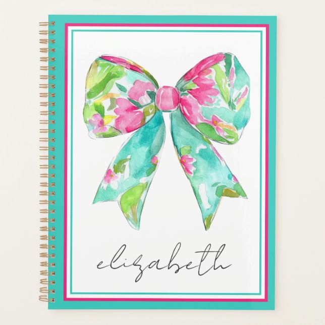 Coastal Preppy Pink and Green Bow Personalised Planner (Front)