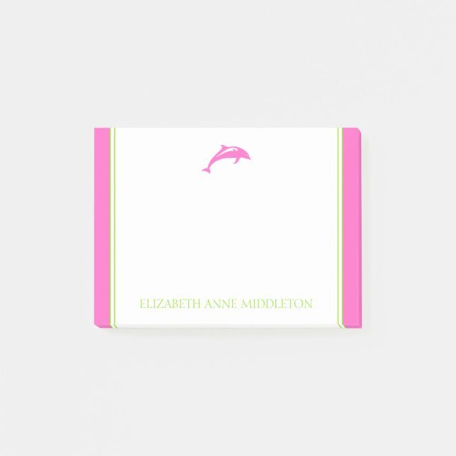 Coastal Preppy Pink and Green Dolphin Personalised Post-it Notes (Front)
